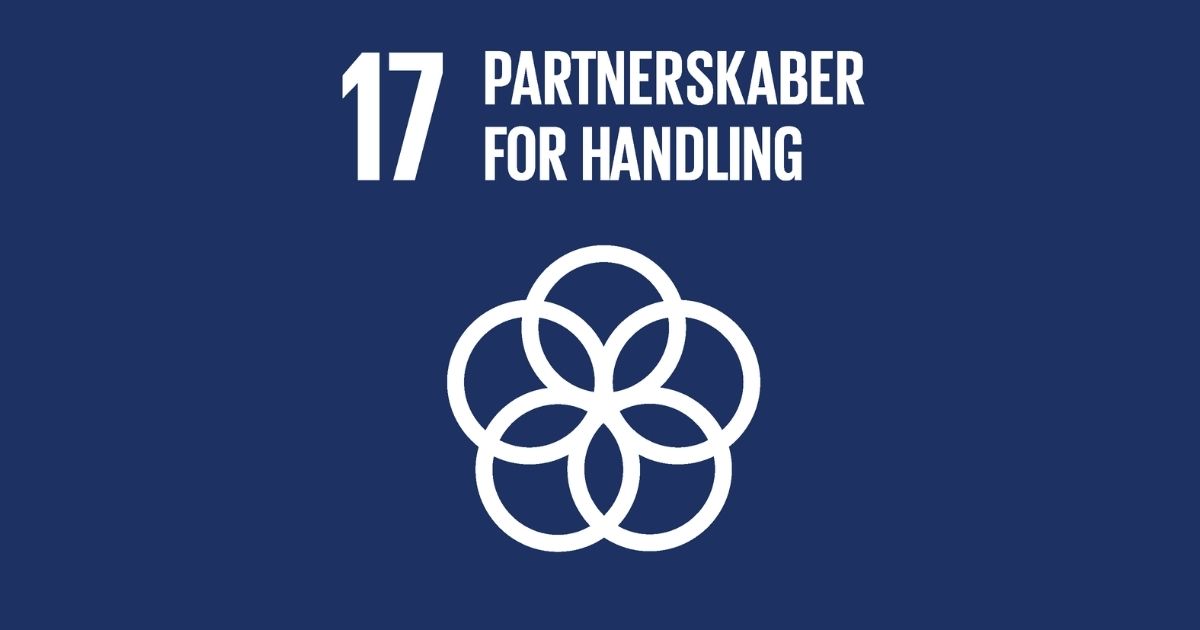 Om VAF og et billede af FN Verdensmål nr. 17 Partnerskaber for forhandling. 5 hvide cirkler overlapper hinanden på mørkeblå baggrund.