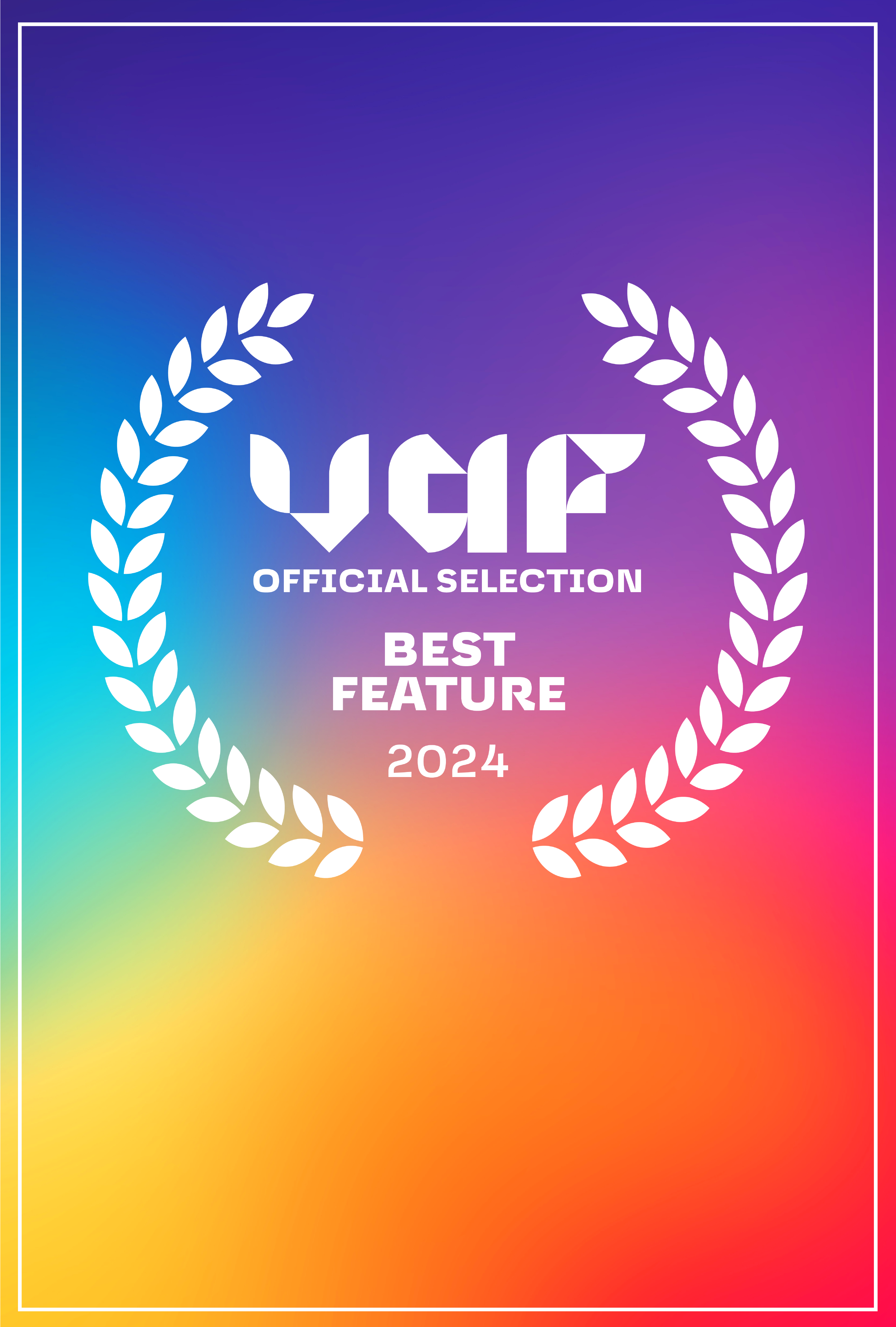 Laurels af VAF Best Feature 2024 - på en farverig regnbue baggrund.