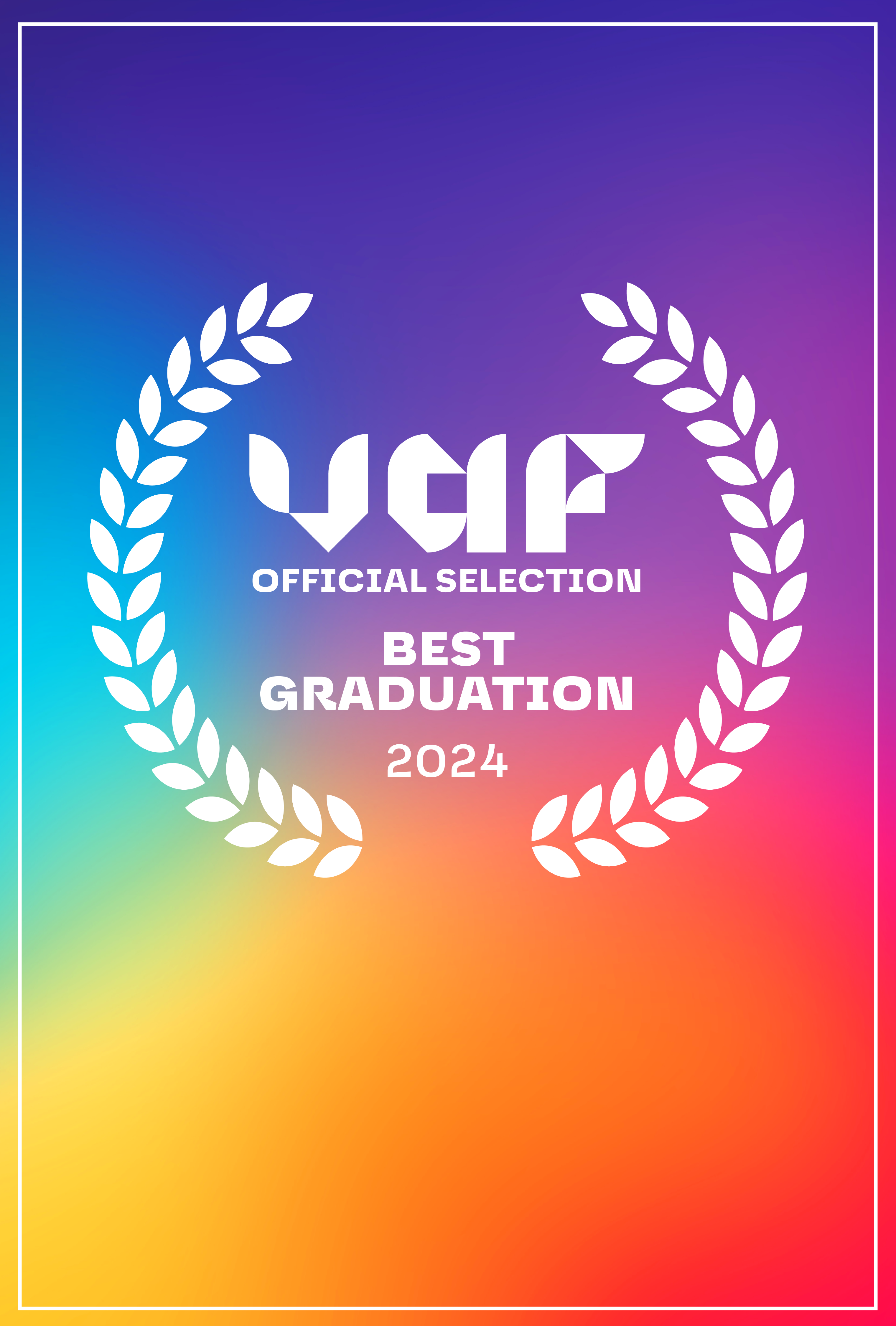 Laurels af VAF Best Graduation 2024 - på en farverig regnbue baggrund.
