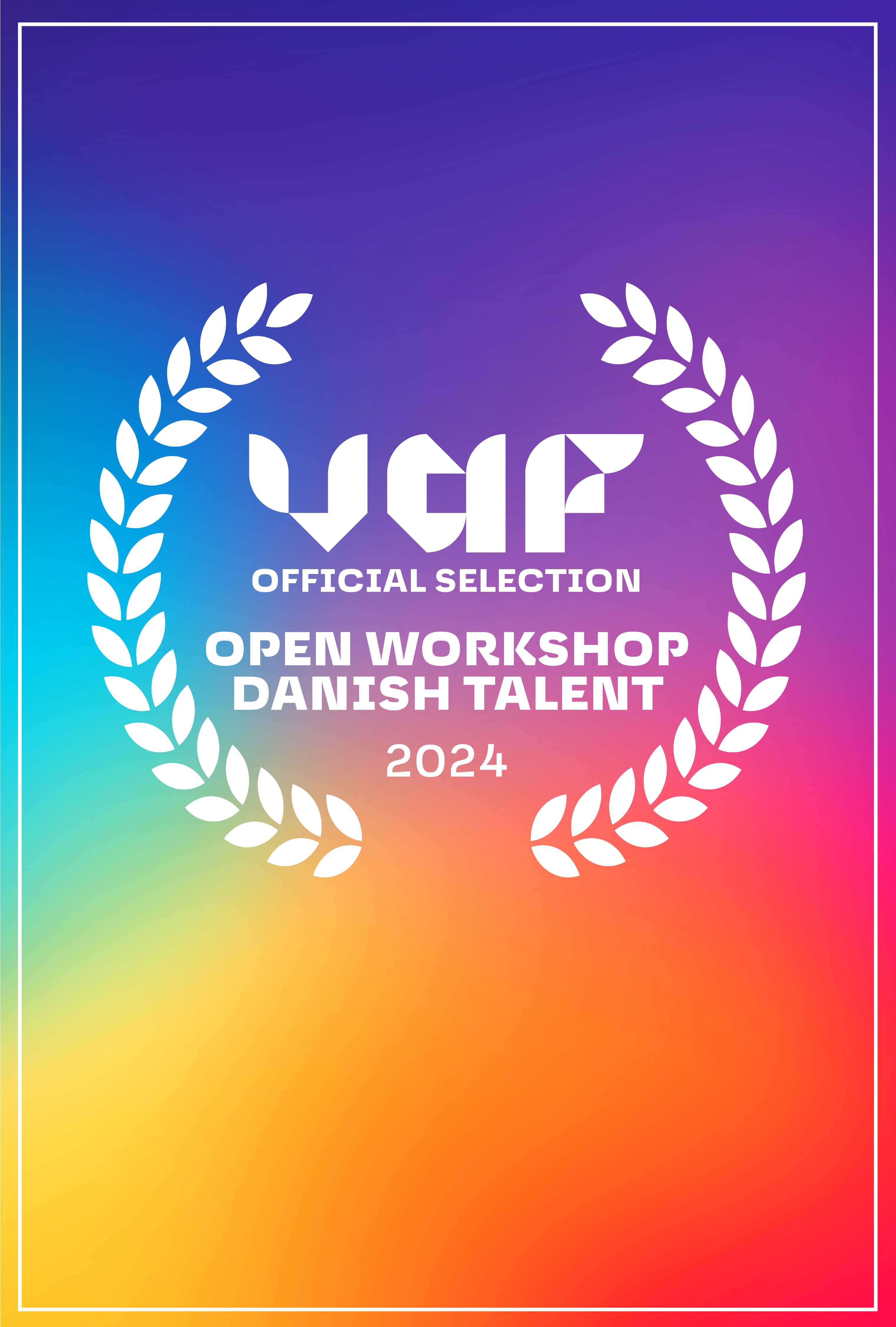 Laurel på en regnbue baggrund med teksten Open Workshop Danish Talent 2024